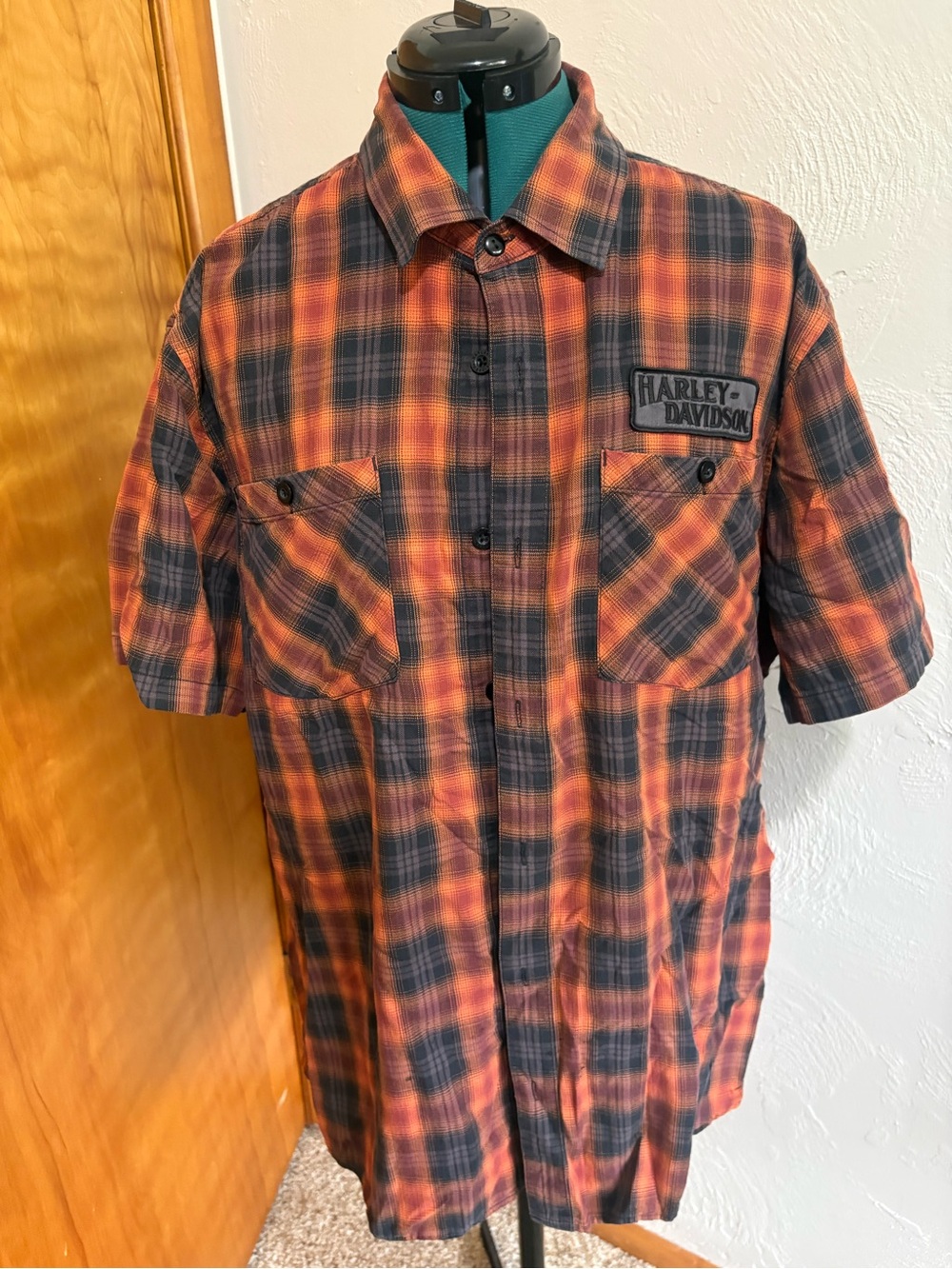 Harley-Davidson Orange & Black Plaid Short-Sleeve Button-Front Shirt
